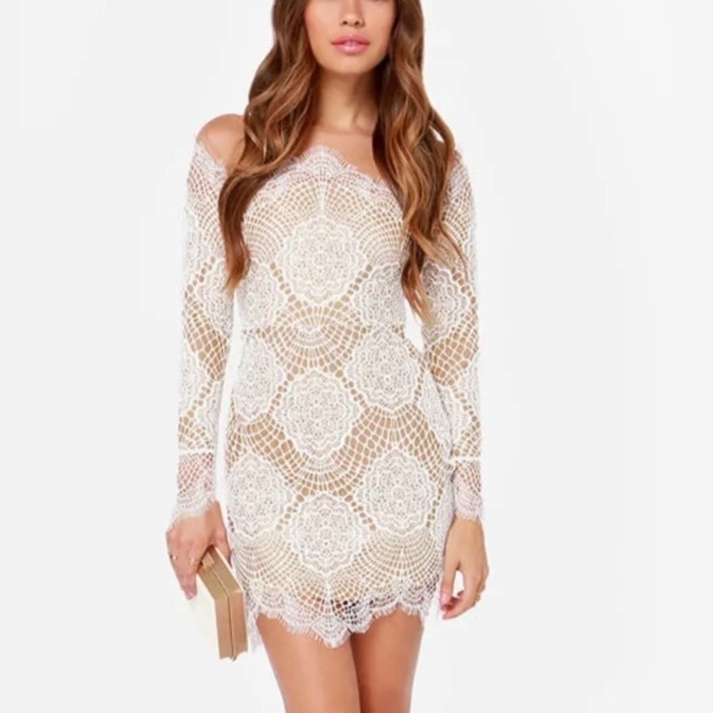 For Love & Lemons Grace Bridal Ivory Lace Mini Dress XS Nude Mesh Long Sleeve - Picture 3 of 16